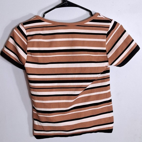 No Boundaries Ribbed Striped Button Front Scoop Neck Top Brown White L 11-13 - Picture 3 of 5